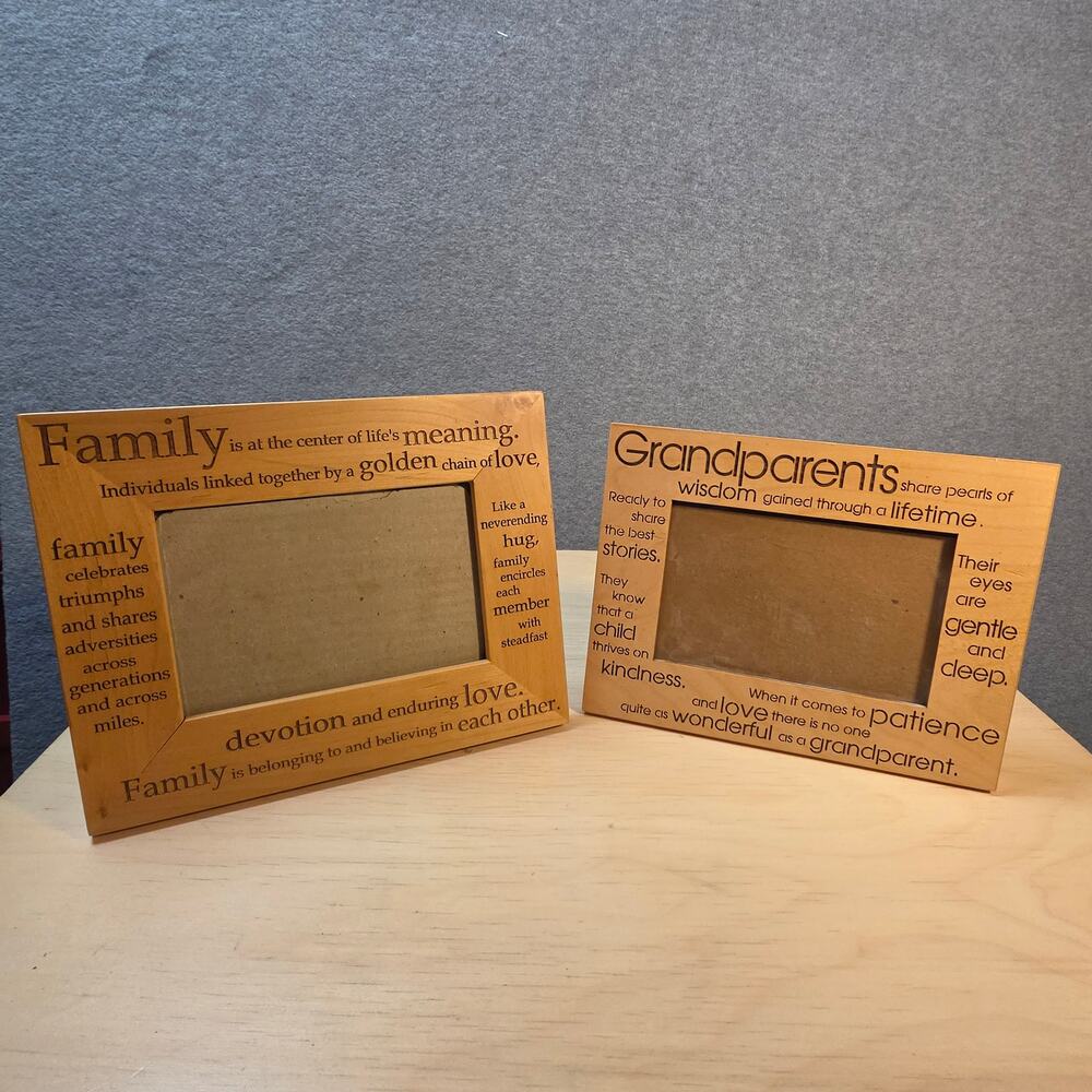 VTG 2 Laser Engraved Wooden Family & Grandparents Tabletop Photo Frames READ